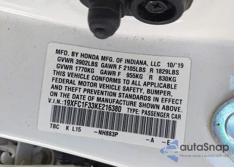 2019 Honda Civic Ex z USA, uszkodzony, nr VIN 19XFC1F33KE216380